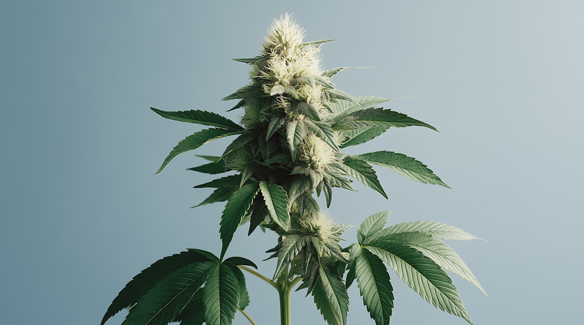 Cannabis plant with large buds against a light blue background